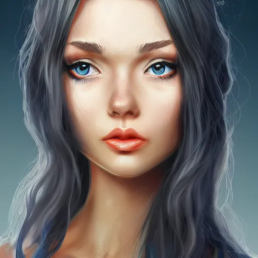 Image similar to portrait of a majestic princess with long black hair and blue eyes, digital art, 4k, artstation