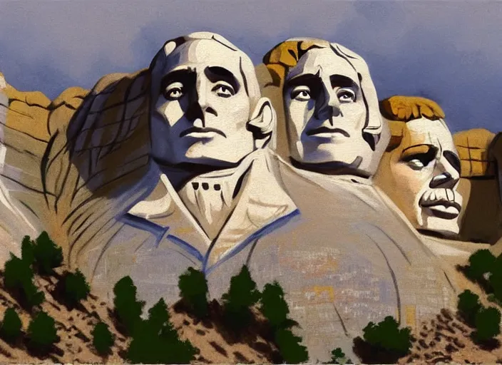 Image similar to a highly detailed beautiful portrait of mount rushmore with the face of steve buscemi, by gregory manchess, james gurney, james jean