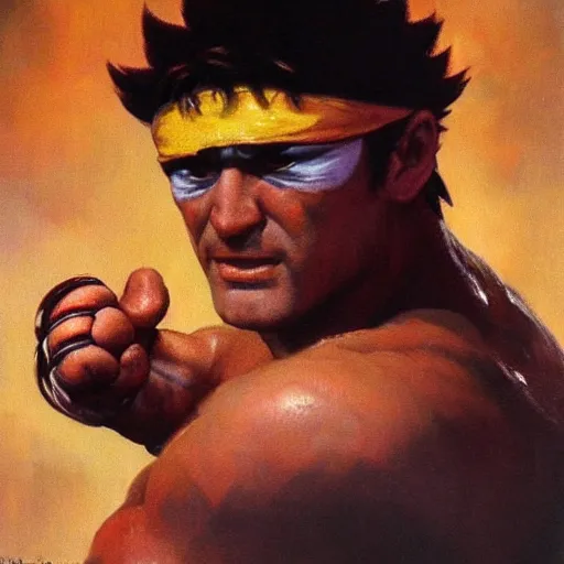 Prompt: ultra realistic happy gilmour as ryu from street fighter, painting by frank frazetta, 4 k, ultra realistic, highly detailed,