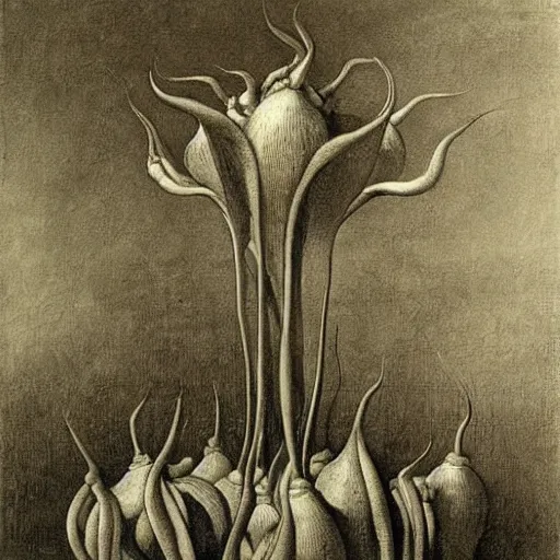 Prompt: carnivorous plants, by Odd Nerdrum, by Francisco Goya, by M.C. Escher, beautiful, eerie, surreal, colorful