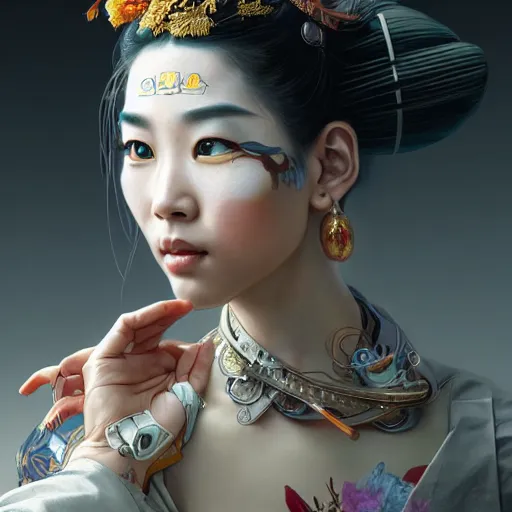 Prompt: portrait painting of an asian cyborg geisha, ultra realistic, concept art, intricate details, eerie, highly detailed, photorealistic, octane render, 8 k, unreal engine. art by artgerm and greg rutkowski and alphonse mucha