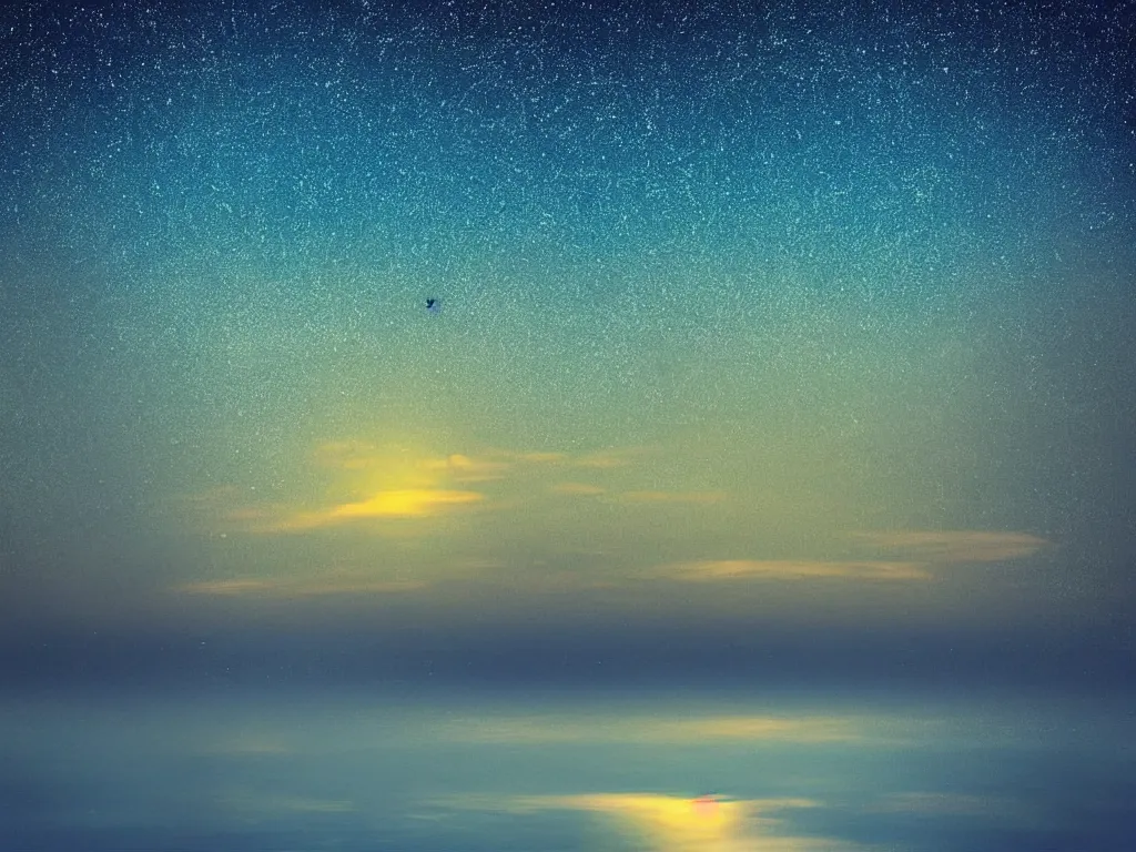 Image similar to “peaceful night full of stars at dawn on the sea clear waters lonely yatch far away blue green yellow tones artwork 4K HDR cinematic wide angle deep focus”