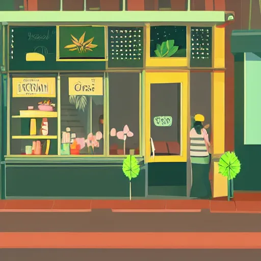 Prompt: isometric cute cartoon illustration style cafe australian, decorated with only two cute cannabis pot plants 🪴 utopian australiana simple frontage, poster, beautiful composition pastel palette by will barnet, digital art, hyperrealistic soft, inked digital, render cartoon by pixar