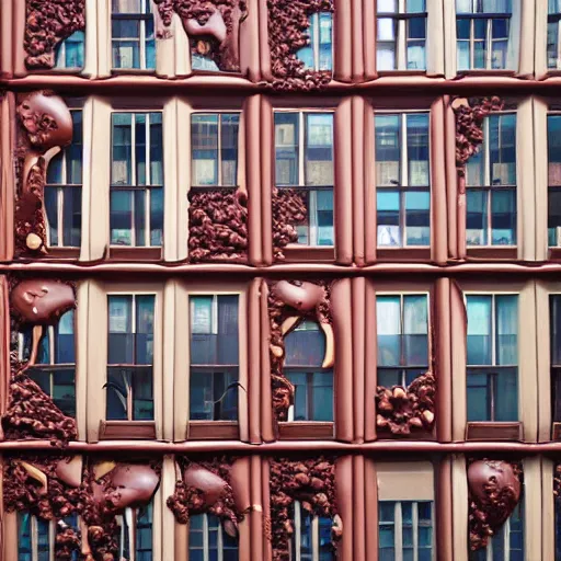 Image similar to a wall of a building with a stream of chocolate milk coming out from the windows