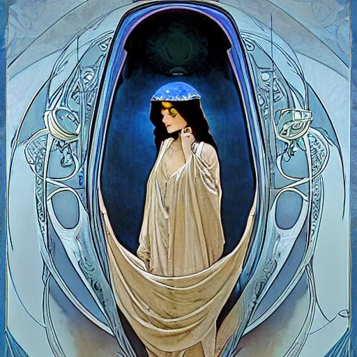 Prompt: stunning, breathtaking, awe-inspiring award-winning concept art nouveau painting of attractive Hooded figure as the goddess of the moon, with anxious, piercing eyes, by Alphonse Mucha, Michael Whelan, William Adolphe Bouguereau, John Williams Waterhouse, and Donato Giancola, cyberpunk, extremely moody lighting, glowing light and shadow, atmospheric, cinematic, 8K