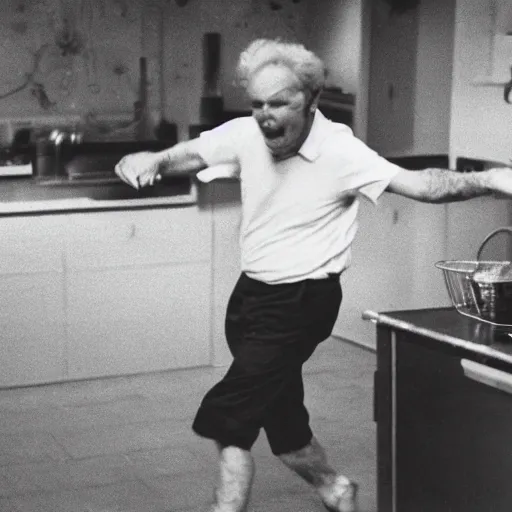 Image similar to a 6 0 - year - old irish / english man with short brown hair and wearing shorts and a dark blue t - shirt, dancing animatedly like a chicken in the kitchen