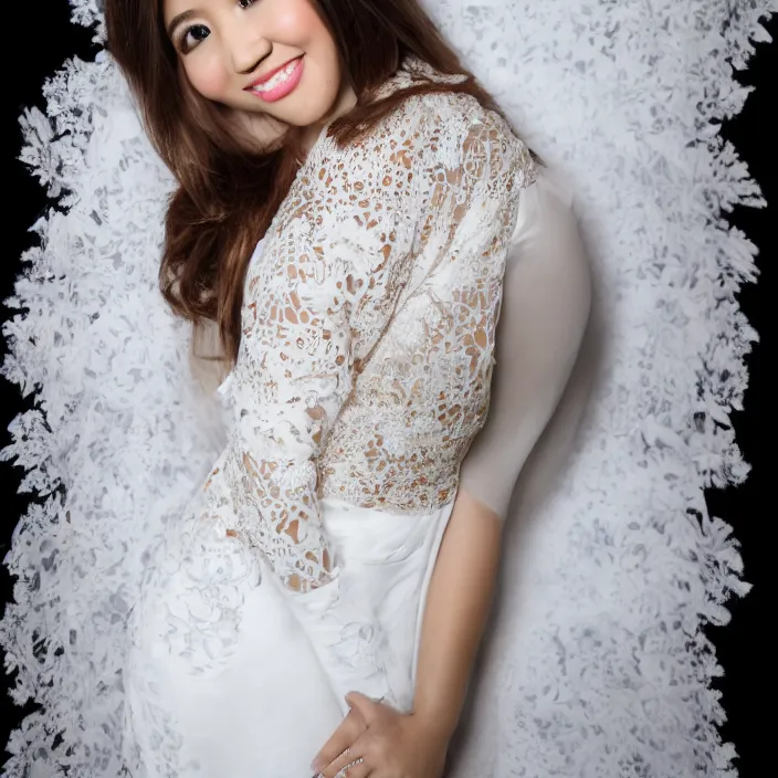 Image similar to portrait of pokimane wearing white kebaya, by charlotte grimm, studio light, detailed face, canon eos c 3 0 0, ƒ 1. 8, 3 5 mm, 8 k, medium - format print, half body shot