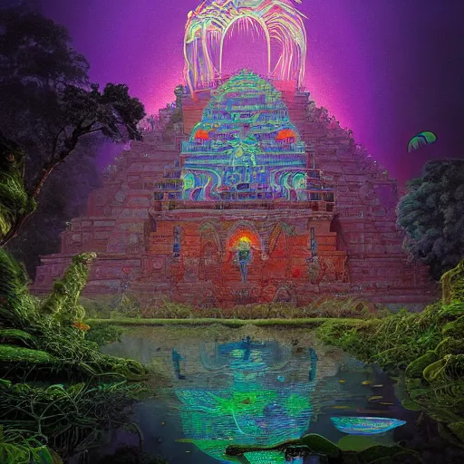 Prompt: overgrown jain temple of death with glowing mayan rainbow skulls, by michael whelan and moebius and beeple and kilian eng and dan mcpharlin and pascal blanche and jamie hewlett and richard dadd, symmetrical, magical stormy reflections, smoke on water, disco laser rays, 8 k