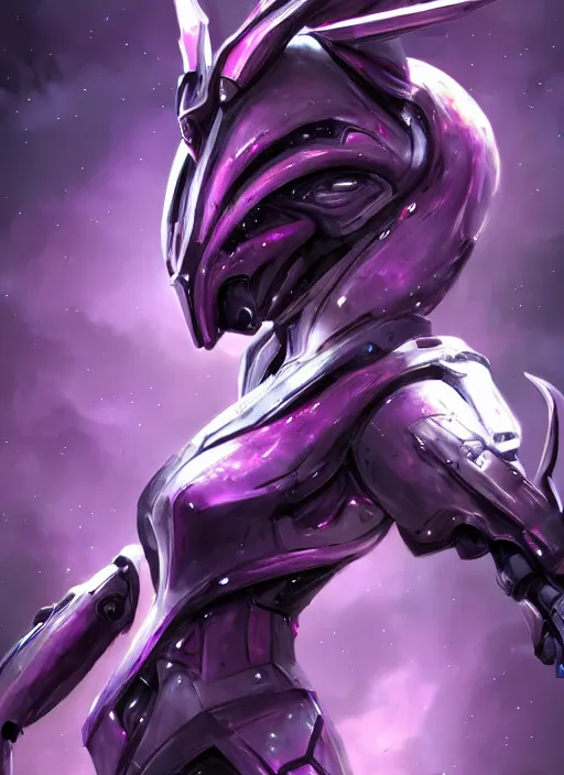 Image similar to cinematic bust shot, cosmic sized proportional stunning beautiful hot female warframe, detailed robot mecha female dragon head, metal ears purple eyes, sleek silver armor, fuschia skin, floating in empty space, nebula sized, posing elegantly, epic proportions, epic size, epic scale, furry art, dragon art, giantess art, warframe fanart, furaffinity, deviantart