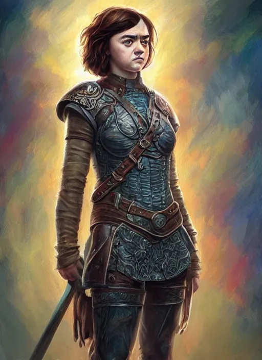 Image similar to Maisie Williams as a ruggedly muscled handsome heroine, rainbow background, intricate, elegant, highly detailed, centered, digital painting, artstation, concept art, smooth, sharp focus, illustration, artgerm, donato giancola, Joseph Christian Leyendecker, WLOP, Artgerm, thunder storm