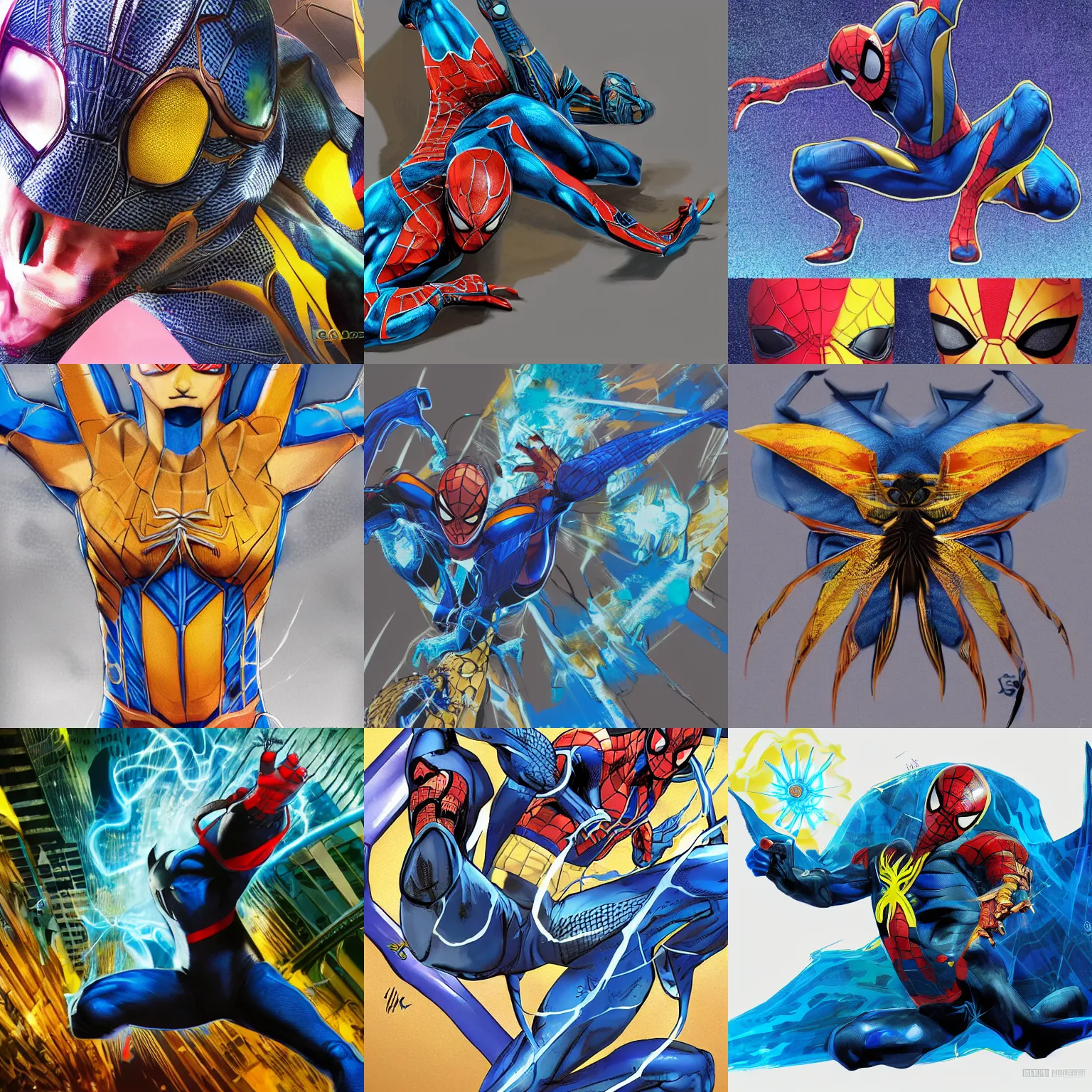 Prompt: Marvel Avengers SpiderMan, electric blue Spider-Man inspired by a peacock ((tarantula)), official concept art, blue and yellow spiderman, blue accents, ArtstationHD, artgerm