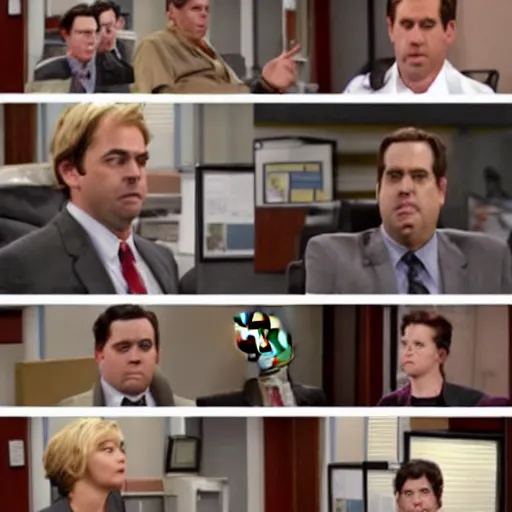 Prompt: a scene from'the office ', but played by pidgeons