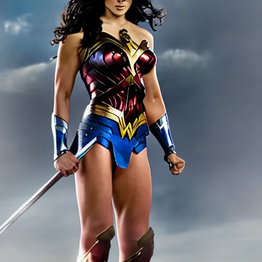 Image similar to A wide angle shot of athletic Wonder Woman from Justice League movie with athletic body, award winning photograph, 200mm F/2.0