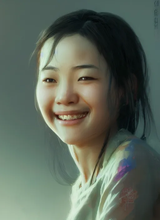 Image similar to hyper realistic photography portrait of smiling asian festival girl face cinematic, vallejo, full shot, craig mullins greg rutkowski, artstation, cgsociety