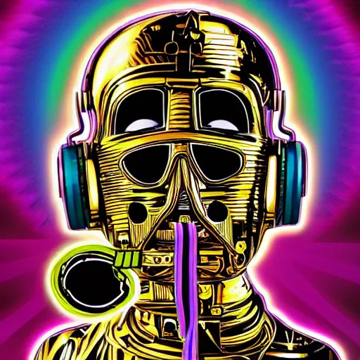 Image similar to artgerm, psychedelic laughing c 3 p 0, rocking out, headphones dj rave, digital artwork, r. crumb, svg vector