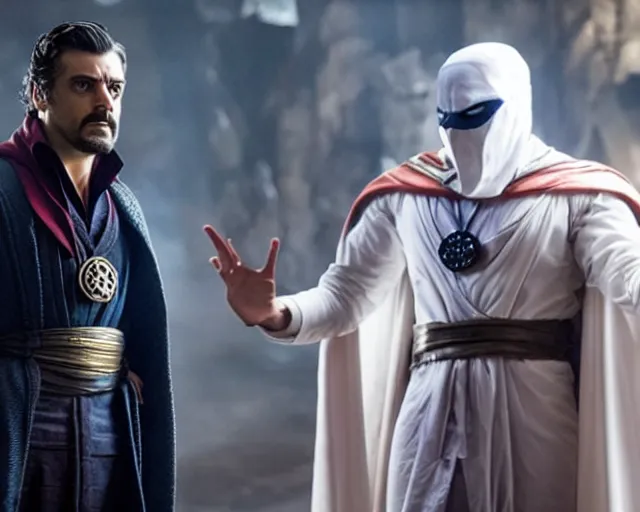 Image similar to still of dr. strange and oscar isaac as moon knight, in avengers movie