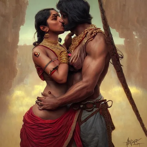 Image similar to portrait painting of dark muscular indian couple kissing, ultra realistic, concept art, intricate details, eerie, highly detailed, photorealistic, octane render, 8 k, unreal engine. art by artgerm and greg rutkowski and alphonse mucha