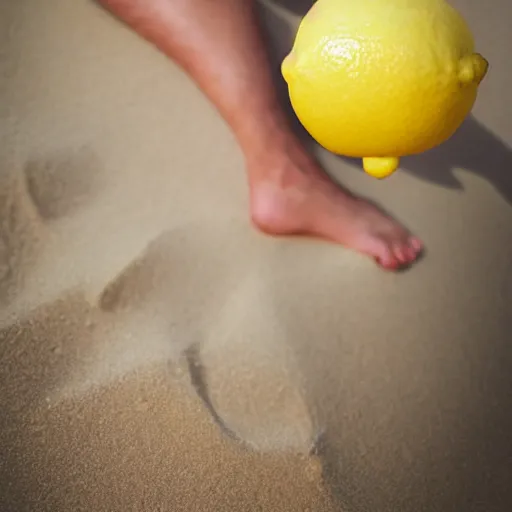 Image similar to a lemon in shape of a human with legs of lemons and round body, arms of lemons, relaxing on a beach, very realistic, high quality, volumetric light