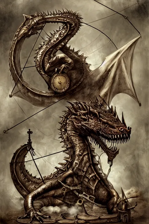 Prompt: hyper realistic old dying dragon lying down with steam punk apparatus on its back, white background, full frame, art byjon foster