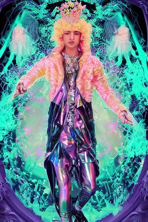 Image similar to full-body rococo and cyberpunk delicate neon crystalline sculpture of ((young muscular golden albino prince Joe Jonas)) as an blue iridescent humanoid deity wearing ((peach plastic hooded cloak)) (holding a human skull) in a black castle dungeon, reclining, glowing pink face, crown of (pink lasers), large blue diamonds, swirling black silk fabric. futuristic elements. oozing glowing liquid, full-length view. space robots. intricate artwork by caravaggio. Trending on artstation, octane render, cinematic lighting from the right, hyper realism, octane render, 8k, depth of field, 3D