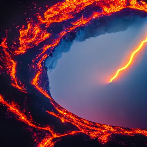 Image similar to lava lightning reflecting off the lens of a high-resolution camera, 8k resolution, Canon EOS C300