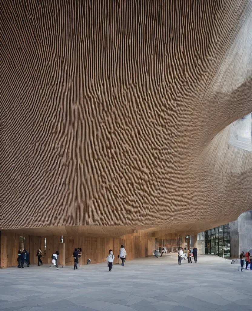 Image similar to a stunning cultural center, complex japanese joinery, people walking, architectural photography