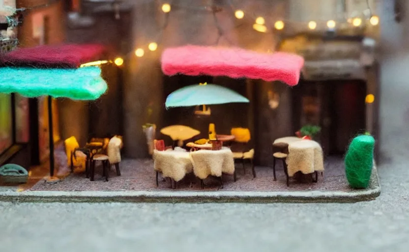Prompt: mini cafe diorama macro photography, cafe for felted animals, alleyway, ambient, atmospheric photograph, string lights, romantic