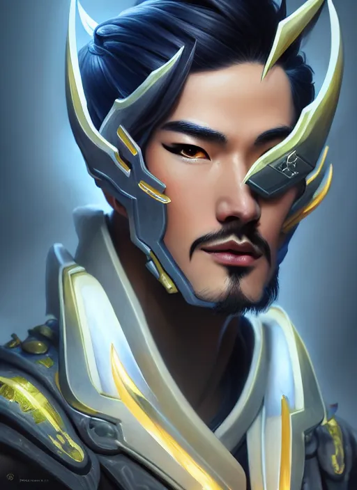 Prompt: lgenji from overwatch, fantasy, fantasy art, character portrait, portrait, close up, highly detailed, scifi art, intricate detail, amazing detail, sharp focus, vintage fantasy art, vintage sci - fi art, radiant light, trending on artstation, caustics, by boris vallejo