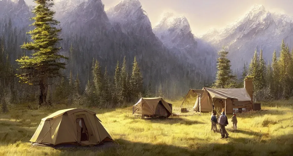 Image similar to cabela's beautiful comfortable self contained modular insulated wall container home kit - house all weather family dwelling tent house, person in foreground, mountainous forested wilderness open fields, beautiful views, painterly concept art, environmental concept art, concept art illustration, by james gurney, by craig mullins, by greg rutkowski trending on artstation