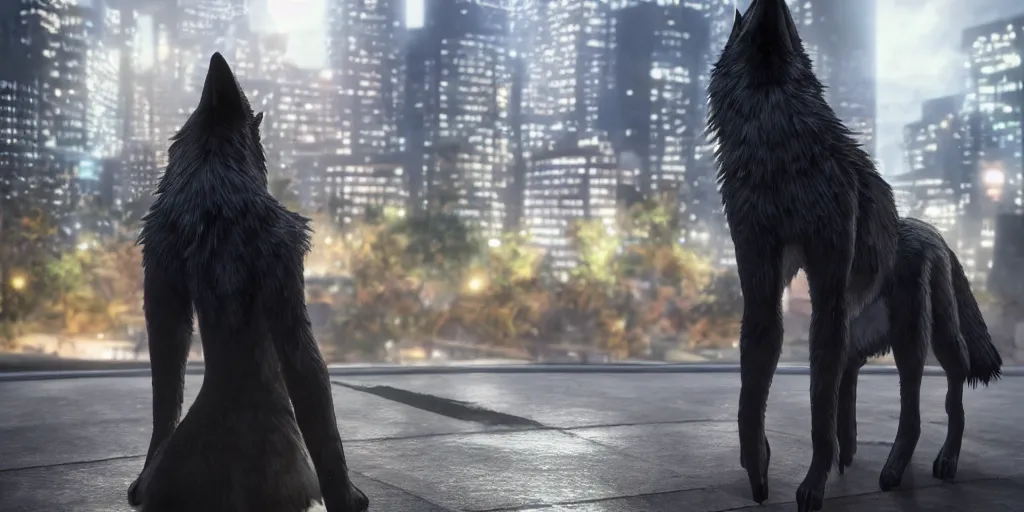 Prompt: an anthro! wolf with a black jacket, photorealistic uhd 8k, anime, city background, wistful, bokeh, artstation, unreal render