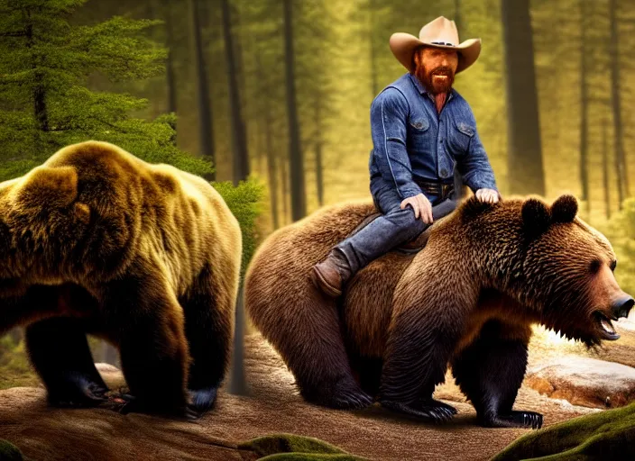 Image similar to photo of chuck norris riding his grizzly bear, in the forest. fantasy magic style. highly detailed 8 k. intricate. life - like. soft light. sony a 7 r iv 5 5 mm.