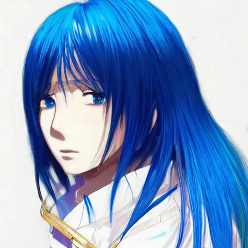 Prompt: side profile of rimuru tempest looking down with sky blue hair, long hair, gold eyes, high collar, film grain, 3 5 mm, black jacket | shiny, highly detailed, rain, professional digital painting, concept art, award - winning photography, cinematic, wlop | art by pixiv art, andy warhol, yoshitaka amano, deviantart