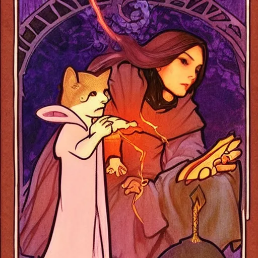 Image similar to female mage is casting a magic spell, with a small cat by her side, d & d, fantasy, magic, mucha style,