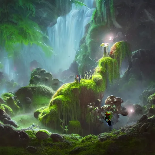 Image similar to tom bagshaw, mythical gigantic space cavern, soft painting 3 d render curiosities carnival pond vegetation rocks mushrooms and tentacles covered moss, luminescent wisps, stunning waterfall, accurate features, focus, very intricate ultrafine details, random volumetric lighting, fog, award winning masterpiece, octane render 8 k hd, artstation