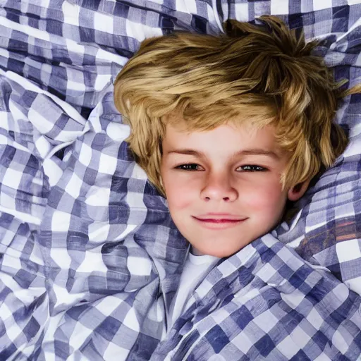 Image similar to an oil painting of a young boy with long blonde hair sleeping in bed with a checkered comforter