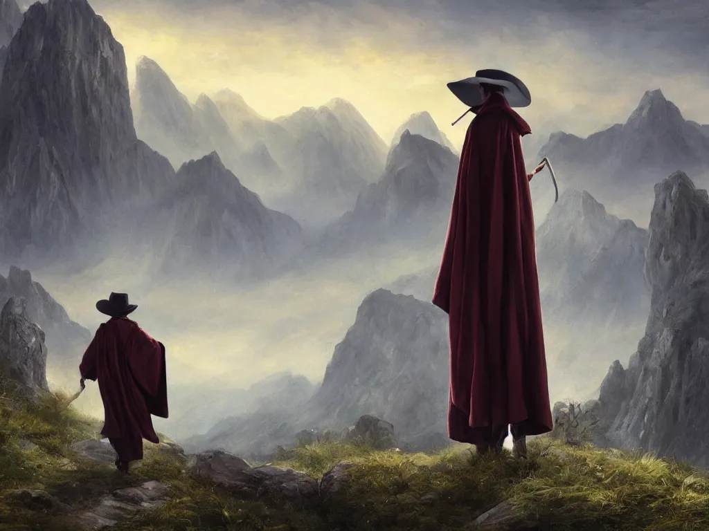 Image similar to a man in a cloak and a brimmed hat with a staff is wandering trough the mountains on an alien planet in the style of neo-romanticism