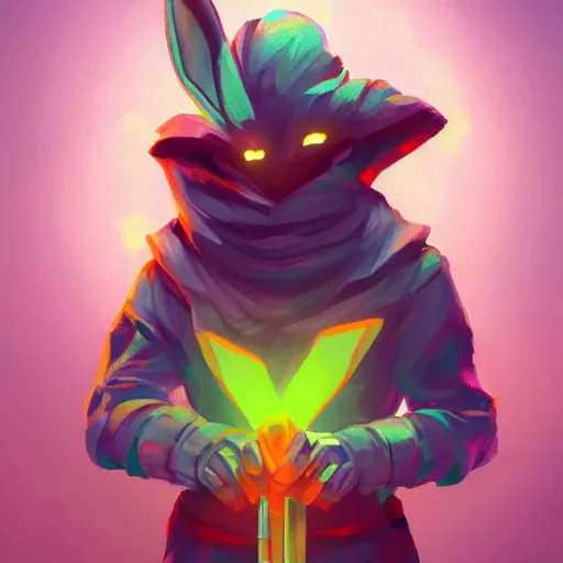 Image similar to a majestic, beautiful humanoid bunny rabbit in the style of the drifter from the video game hyperlight drifter holding a sword made of light, award winning, oil painting, detailed, 4k, highlight