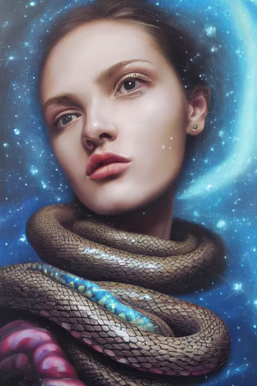 Image similar to hyperrealism oil painting, close - up portrait of face from a tangle of snakes fashion model, knight, street art gradient mixed with nebula sky, in style of baroque