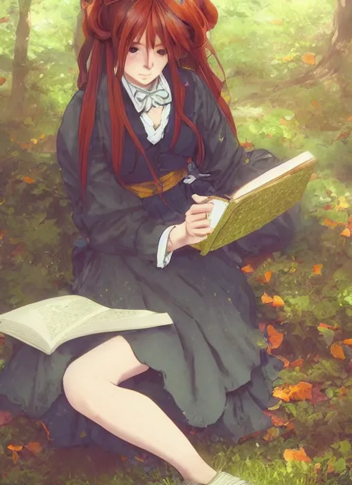 Prompt: a close up of a victorian maid with long flowing auburn hair sitting in a forest reading a book. cute anime eyes. by makoto shinkai, stanley artgerm lau, wlop, rossdraws, james jean, andrei riabovitchev, marc simonetti, krenz cushart, sakimichan, trending on artstation, digital art.