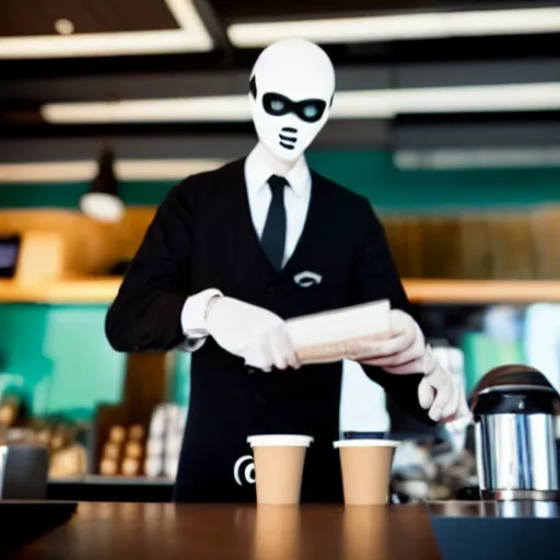 Image similar to slenderman working at starbucks, stock photo, cheerful lighting