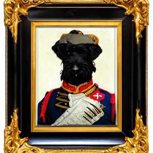 Prompt: Black Goldendoodle with a bright face wearing a Napoleon Era Military Uniform looking melancholy, Norman Rockwell style