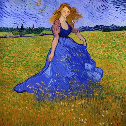 Prompt: Fair skinned young woman, large field, flowers, beautiful, art, 8k, sunset, skyline, young woman in a dress, wind, trees in background, picking flowers, summer night, dynamic lighting, Vincent van Gogh oil painting, off center, large brush strokes, post impressionism, orange, yellow, red, blues, fine art