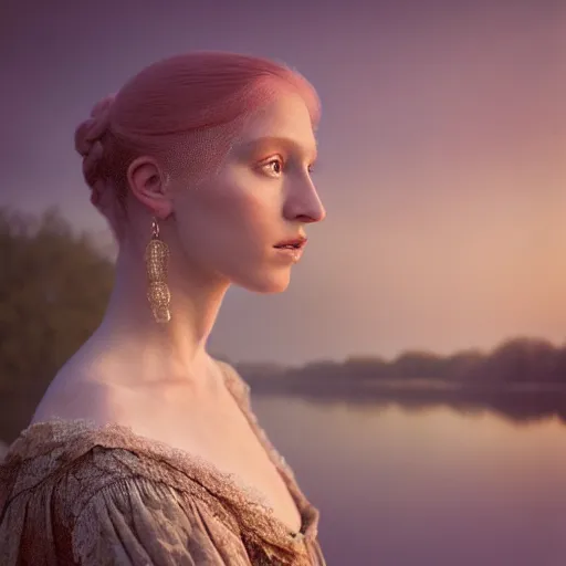 Prompt: photographic portrait of a stunningly beautiful english renaissance female dressed in fractal lace, in soft dreamy light at sunset, beside the river, soft focus, contemporary fashion shoot, hasselblad nikon, in a denis villeneuve movie, by edward robert hughes, annie leibovitz and steve mccurry, david lazar, jimmy nelsson, hyperrealistic, perfect face