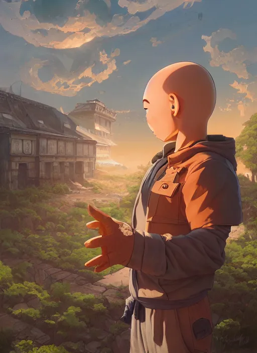 Image similar to highly detailed krillin standing outside prison art by greg rutkowski, loish, rhads, ferdinand knab, makoto shinkai and lois van baarle, ilya kuvshinov, rossdraws, tom bagshaw, global illumination, radiant light, detailed and intricate environment