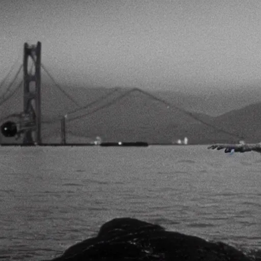 Image similar to 1 9 7 0 s, movie still frame, black and white, photorealistic highly detailed, 8 k, sit - com, body - horror, chtulhu emerges in san francisco bay, wires