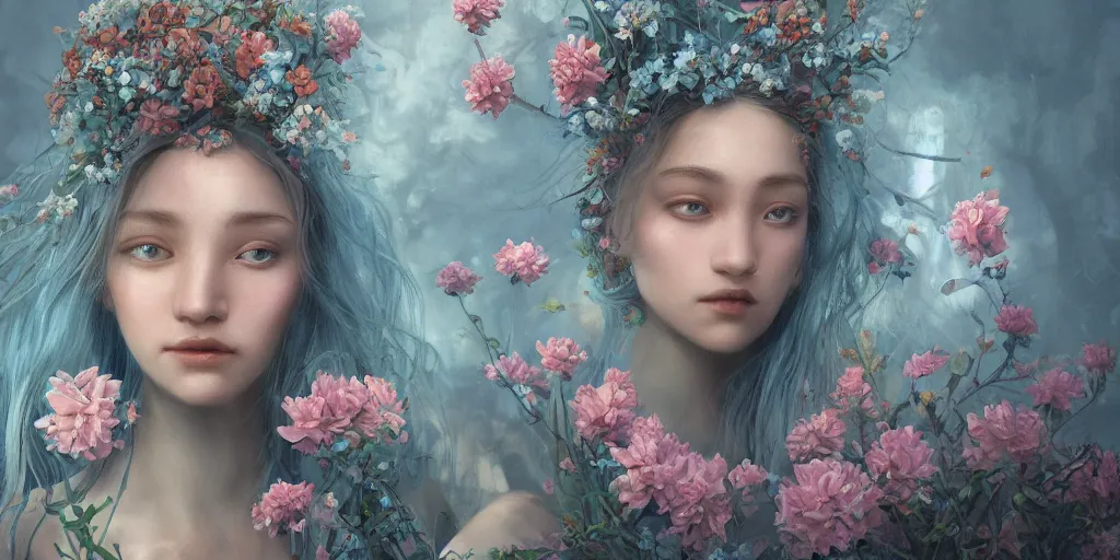 Image similar to breathtaking detailed concept art painting portrait of the hugs goddess of light blue flowers, carroty hair, orthodox saint, with anxious piercing eyes, ornate background, amalgamation of leaves and flowers, by hsiao - ron cheng, extremely moody lighting, 8 k