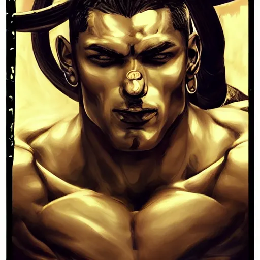 Image similar to handsome portrait of a spartan guy bodybuilder posing, intricate details, trending on artstation, sharp focus, caustics, radiant light, translucence, style of vento aureo cover art, style of stone ocean cover art, style of steel ball run cover art, ilya kuvishinov style, illustrated by hirohhiko araki