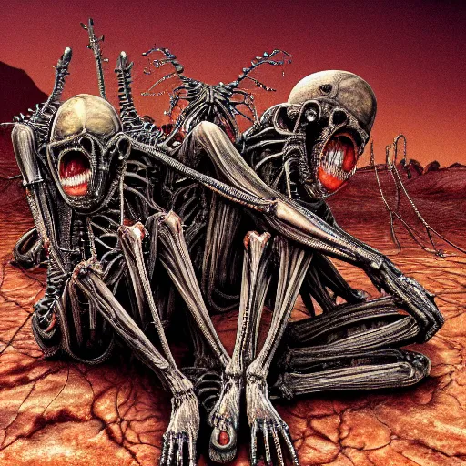 Image similar to conjoined demon twins sitting legs crossed in a desert hellscape covered in gore by Yoshitaka Amano, by HR Giger, biomechanical, 4k, hyper detailed, hyperrealism, anime, a Broken World demons flying overhead, red sky, blood and body parts, deviantart, artstation