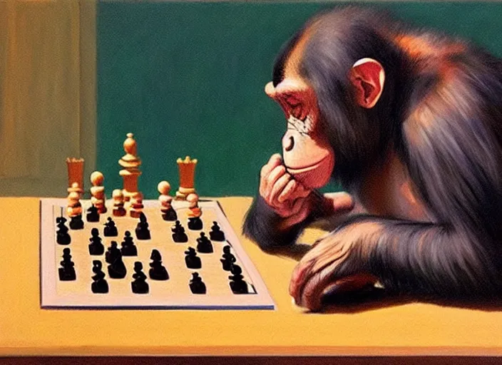 Prompt: a very very beautiful painting of a chimp playing chess in the style of edward hopper