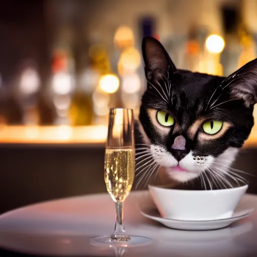 Prompt: a photo of a cat drinking expensive champagne in a fancy dark bar, mood lighting, f 1. 8, iso 1 6 0 0